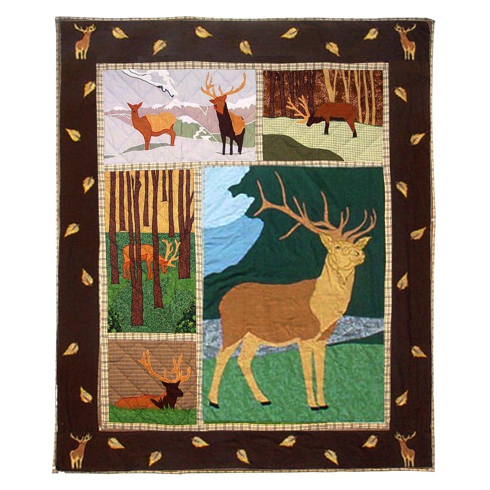 Patch Magic’s Brown Elk - Embroidered Lap / Throw Quilt - Filled with Soft Cotton, Handmade, 100% Cotton Throw/lap Quilt. 