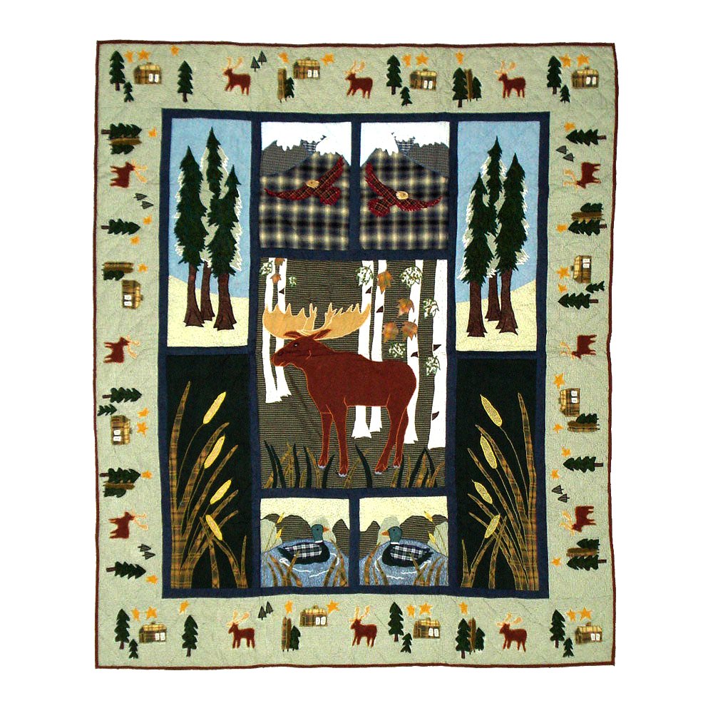 Patch Magic’s Moose - Embroidered Lap / Throw Quilt - Filled with Soft Cotton, Handmade, 100% Cotton Throw/Lap Quilt. 