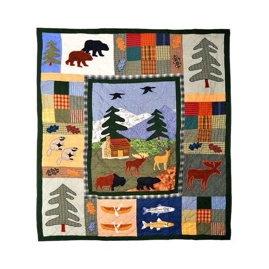Patch Magic’s Northwoods Walk - Patchwork and Embroidery Mix Lap / Throw Quilt. Filled with Soft Cotton, Handmade, 100% Cotton Throw/lap Quilt