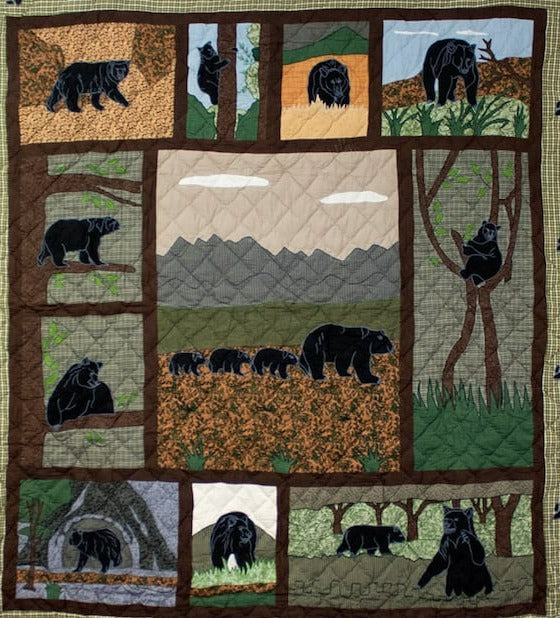 Bear Country Embroidery, Cotton shell, soft cotton filled, themed, handmade quilt