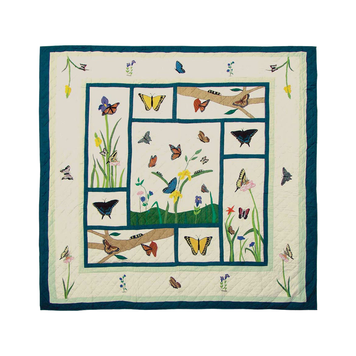 Flutterring Butterflies Quilt, Hand cut and Appliqued cotton fabric motifs.