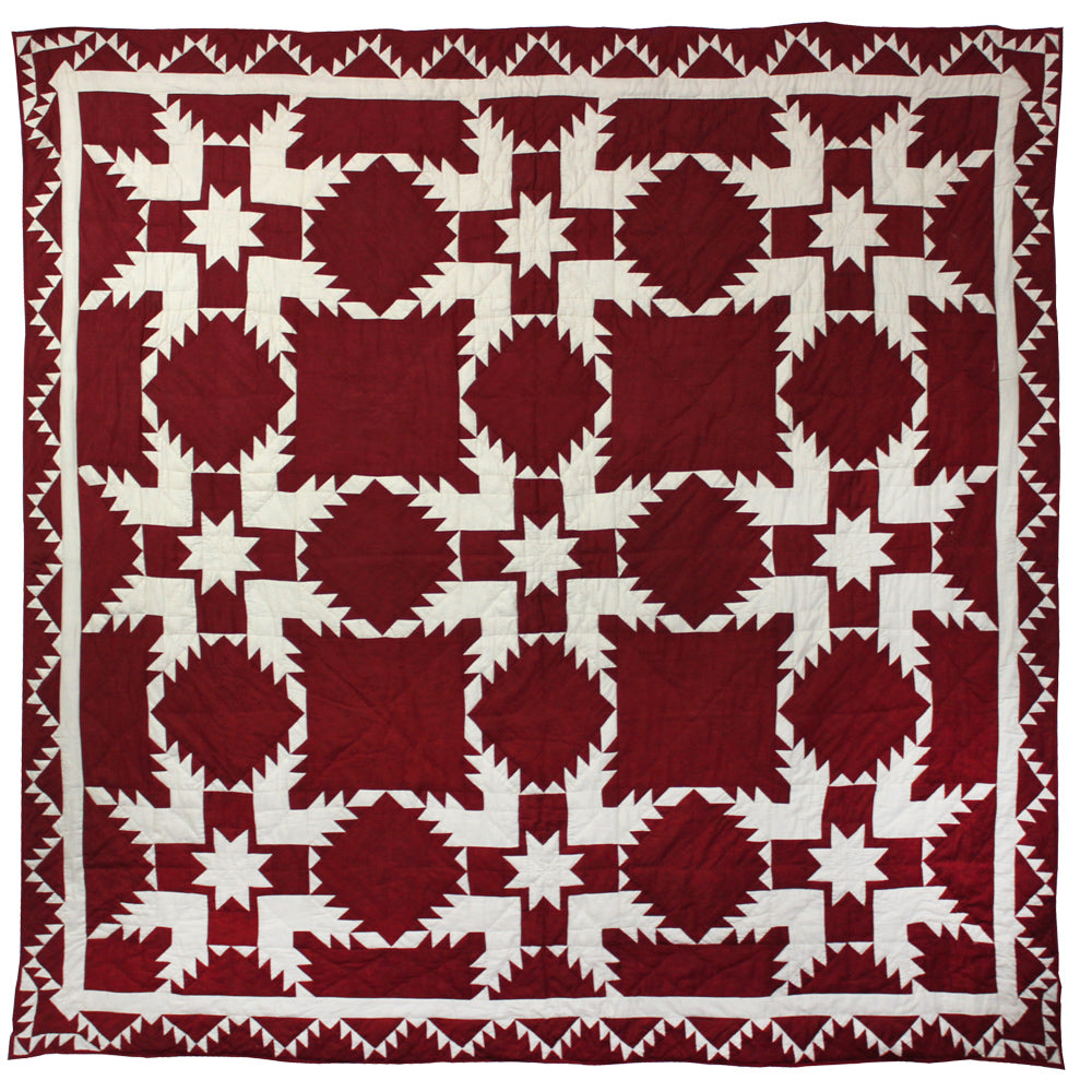 Red Feathered Star Quilt, Hand cut and Patchwork cotton fabric blocks.