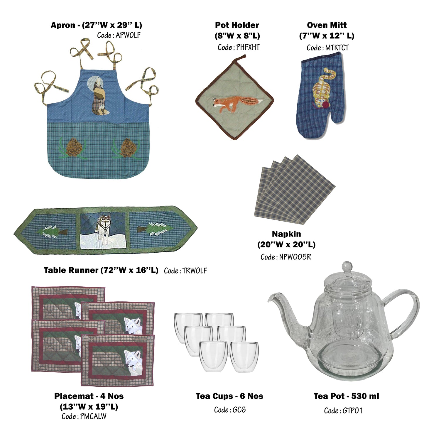 Table Top Ensemble sets- Combo of Apron, Over Mitt, Pot Holder, Table Runner, Placemat, Napkins, Double Layer Tea Pot and 6 pieces Glass Set